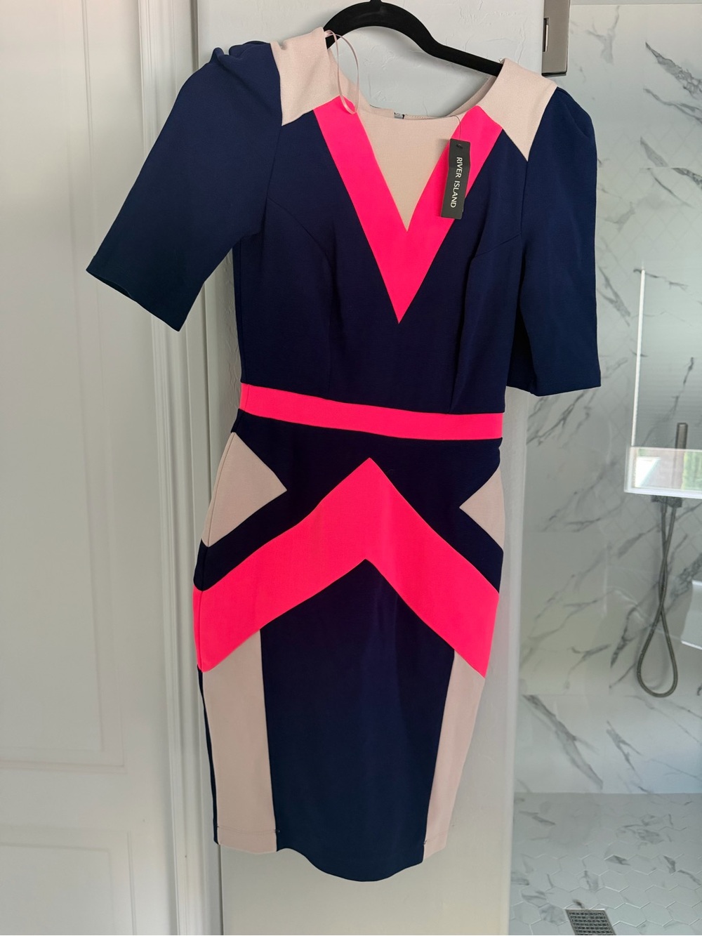 River Island Navy, Hot Pink & Blush Colorblock V-Neck Midi Dress